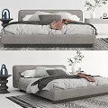 Modern Gray Double Bed With Soft Bedding Pillows And Side Table Plant Vase 3d model