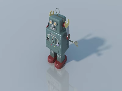 Vintage Green Toy Robot With Yellow Horns Red Feet And Metallic Surface Design 3d model