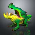 Green And Yellow Fantasy Creature 3D Model With Open Mouth Sharp Teeth Claws 3d model