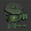 Green Cartoon Style Mechanical Sculpture With Large Goggle Eyes Yellow Triangle On Chest