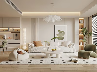 Modern Living Room Interior With White Sofa Green Plant Area Rug And Chandelier 3d model