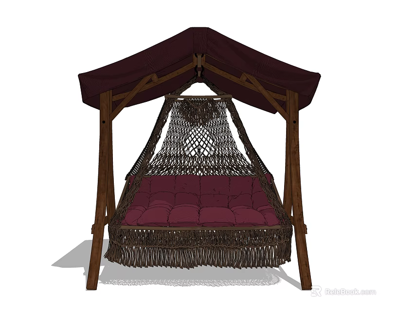 Comfortable Hanging Chair With Wooden Frame Dark Canopy And Red Cushion 3d model 
