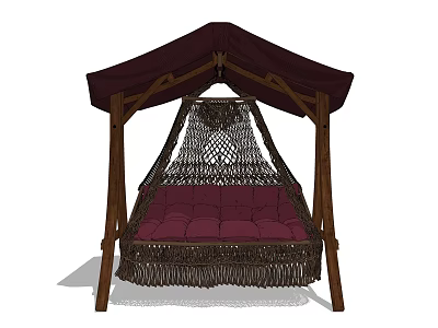 Comfortable Hanging Chair With Wooden Frame Dark Canopy And Red Cushion 3d model