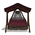 Comfortable Hanging Chair With Wooden Frame Dark Canopy And Red Cushion
