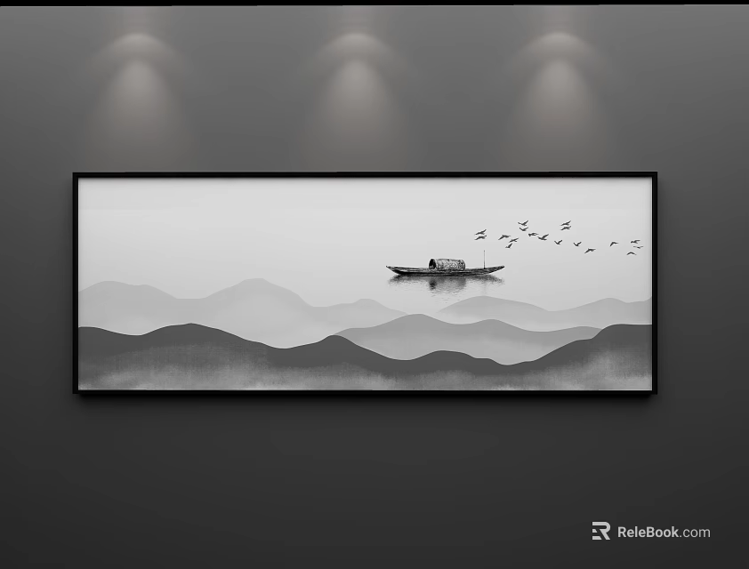 Chinese Ink Landscape Painting With Distant Mountains Small Boat And Flying Birds 3d model 