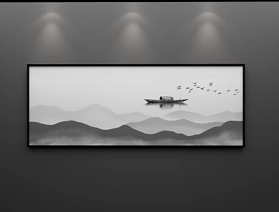 Chinese Ink Landscape Painting With Distant Mountains Small Boat And Flying Birds 3d model
