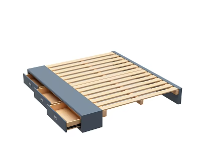 Modern Wooden Bed Frame With Gray Storage Drawers And Slat Support 3d model