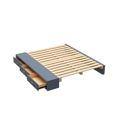 Modern Wooden Bed Frame With Gray Storage Drawers And Slat Support 3d model