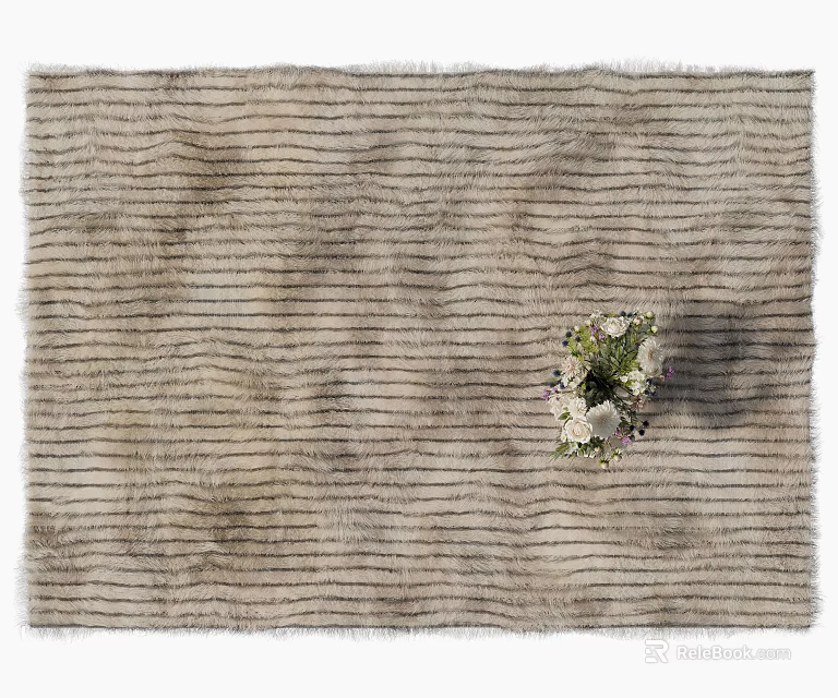 Neutral Tones Square Rug With Horizontal Striped Texture And Fringed Edges Featuring Decorative Flower Bouquet 3d model 