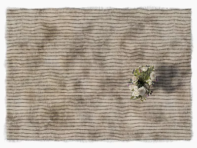 Neutral Tones Square Rug With Horizontal Striped Texture And Fringed Edges Featuring Decorative Flower Bouquet 3d model