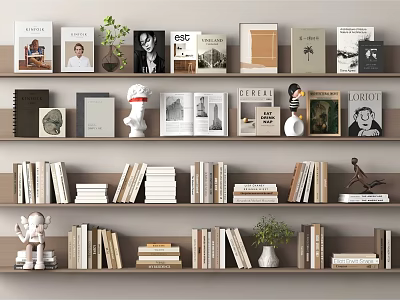 Decorative Ornaments Set With Books Photo Frames Plants And Statues On Shelves 3d model
