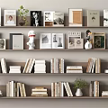 Decorative Ornaments Set With Books Photo Frames Plants And Statues On Shelves