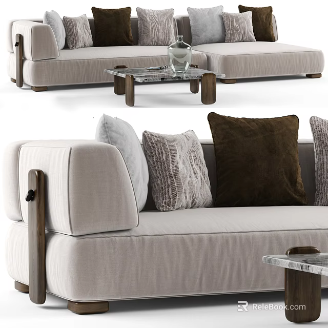 Light Beige Sectional Sofa With Plush Brown Gray Pillows And Marble Coffee Table 3d model 