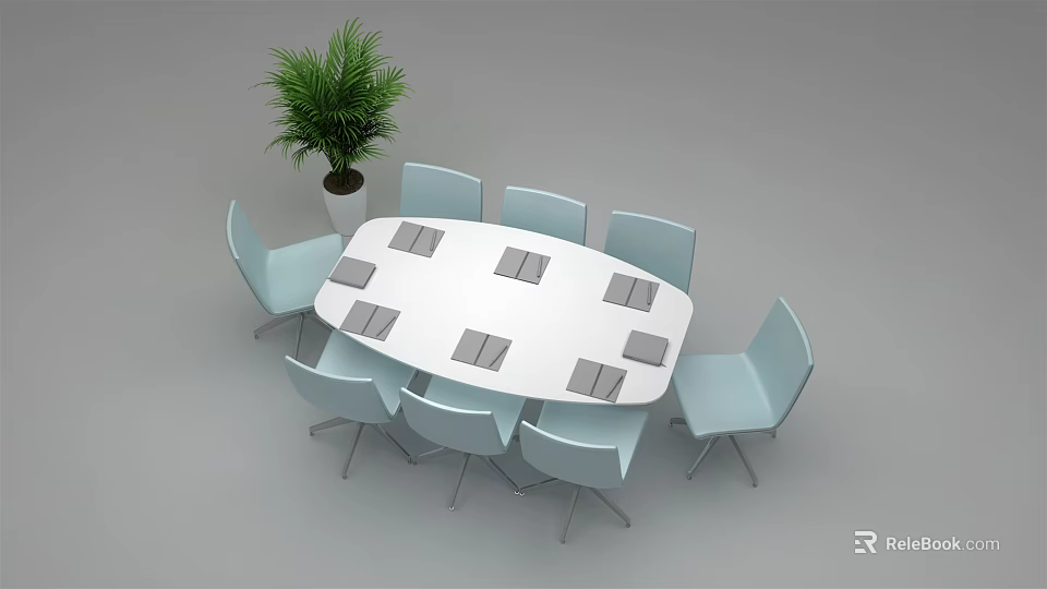 White Oval Conference Table With Eight Light Blue Chairs Gray Folders And Green Plant 3d model 