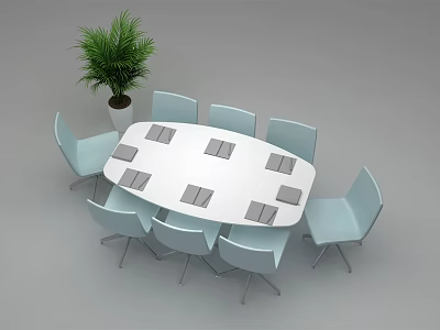 White Oval Conference Table With Eight Light Blue Chairs Gray Folders And Green Plant 3d model