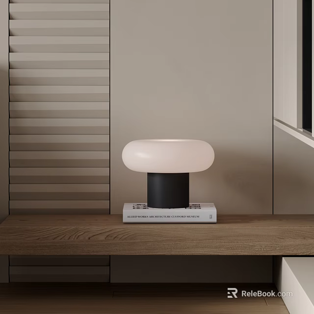 Minimalist Table Lamp with White Lampshade and Black Base on Wooden Shelf with Books 3d model 