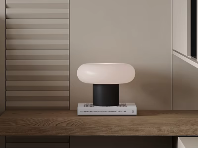 Minimalist Table Lamp with White Lampshade and Black Base on Wooden Shelf with Books 3d model