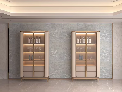 Elegant Modern Wine Cabinet With Glass Doors Wine Bottles And Marble Backdrop 3d model