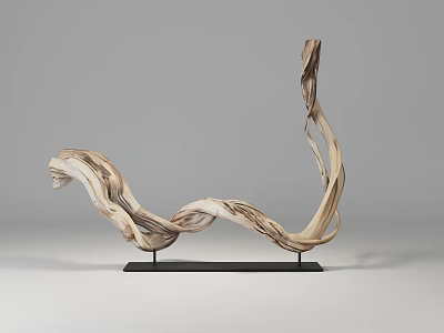 Natural Wood Grain Sculpture with Curved Flowing Form and Black Metal Base 3d model