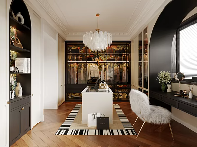 Elegant Modern Cloakroom Interior Design With Chandelier Open Wardrobe And Furry Chair 3d model