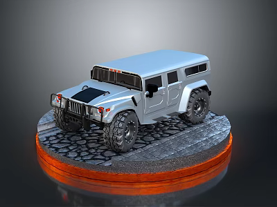 Silver Off Road Vehicle Model On Cobblestone Base With Orange Edge Lighting 3d model