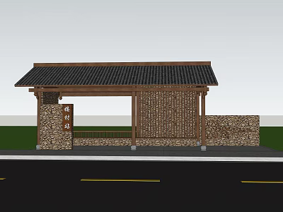 Traditional Style Rest Stop Building With Tile Roof And Stone Wall Structure 3d model
