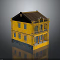 Yellow Two Story Building With Balconies Red Doors Windows And Brown Roof