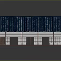 Cartoon Scene of Traditional Building With Blue Tiled Roof Brown Walls and White Lattice Windows