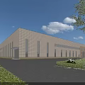 Industrial Factory Building Modern Exterior Design With Large Windows Spacious Entrance And Green Landscaping