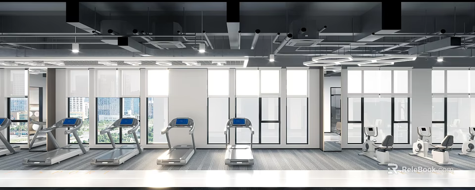 Spacious Modern Fitness Gym With Treadmills Large Windows And Natural Light For Workout 3d model 