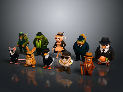 Cartoon Animal Figurines Dressed In Diverse Costumes With Hats And Suits 3d model