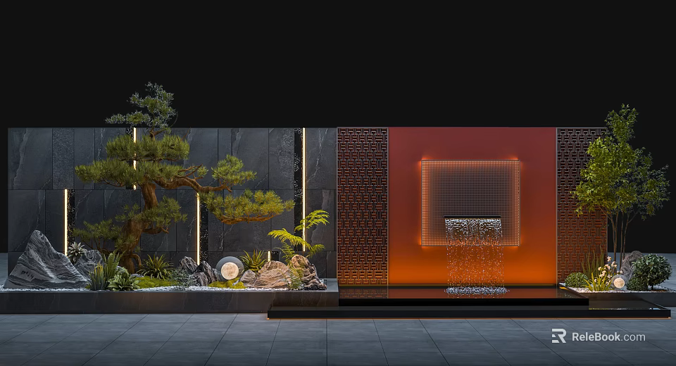Modern Garden Landscape With Black Walls Orange Backdrop Waterfall Pine And Stones 3d model 