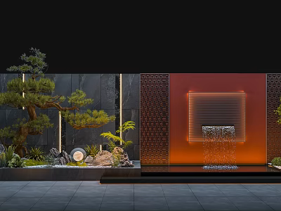 Modern Garden Landscape With Black Walls Orange Backdrop Waterfall Pine And Stones 3d model