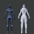 Detailed Female 3D Character With Blue Armor And Wireframe Model Design