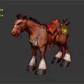 Brown decorative horse model with black mane red saddle green details and white hooves