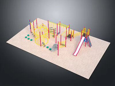 Colorful Playground Structure With Climbing Net Slide Sand Area And Red Poles 3d model