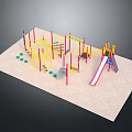Colorful Playground Structure With Climbing Net Slide Sand Area And Red Poles