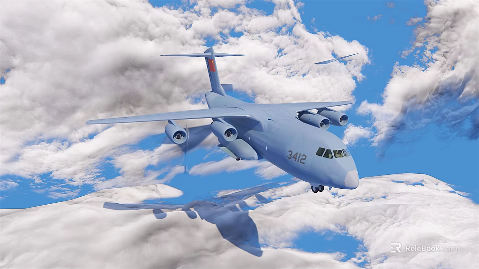 Large Passenger Aircraft 342 Flying Through Clouds In Blue Sky With Reflection 3d model