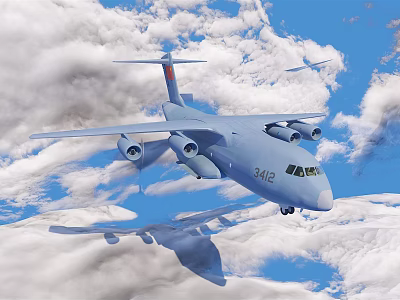 Large Passenger Aircraft 342 Flying Through Clouds In Blue Sky With Reflection 3d model
