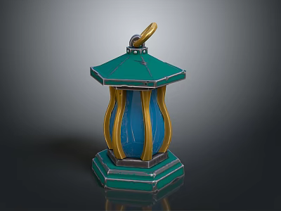 Decorative Furniture Lantern With Green Top Blue Body And Yellow Stripes 3d model