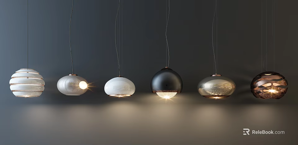 Modern Pendant Lights With Spherical Glass Shades In Black White Silver For Indoor Decor 3d model 