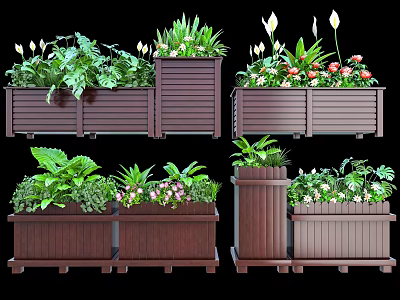 Decorative Wooden Planters Filled With Colorful Flowers And Lush Green Plants 3d model