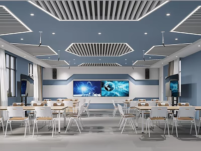 Modern School Classroom Interior With Desks Chairs And Screens 3d model