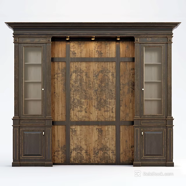 Classic Wooden TV Background Wall With Dark Frame And Glass Side Cabinets 3d model 