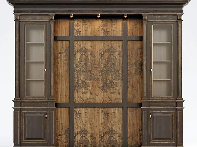Classic Wooden TV Background Wall With Dark Frame And Glass Side Cabinets 3d model