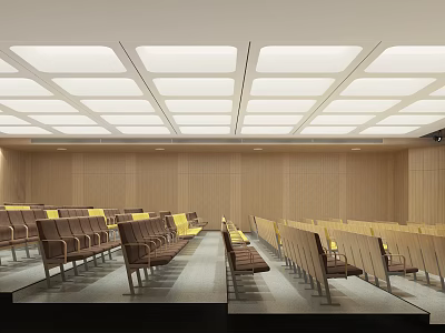 Modern Conference Room Interior With Wooden Walls Ceiling Lights And Arranged Seats 3d model