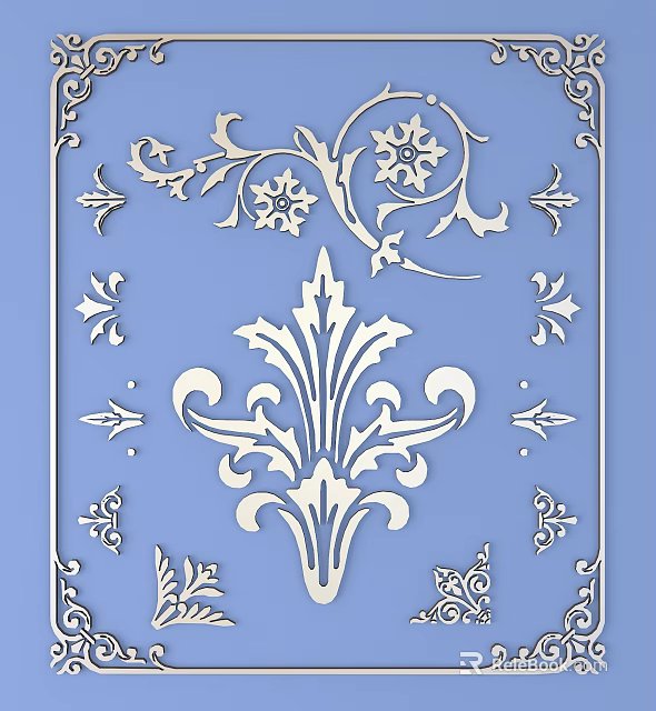 Intricate White Carvings With Floral Scroll Designs On Blue Background 3d model