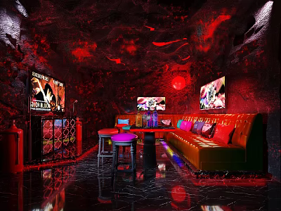 KTV Interior With Red Lighting Large Screens Sofa Bar Counter And Stools 3d model