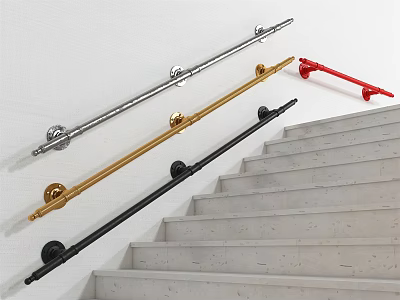 Different Colored Staircase Handrails Silver Gold Black Red Installed On White Stairs 3d model
