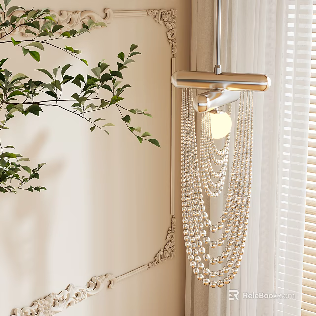 Elegant Pearl Strand Chandelier Hanging In Light Colored Interior With Green Plant And Decorative Frame 3d model 